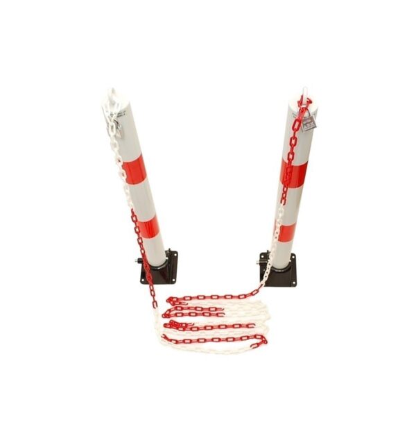 Light Gray Red & White Medium Sized Fold Down Parking Post & Chain